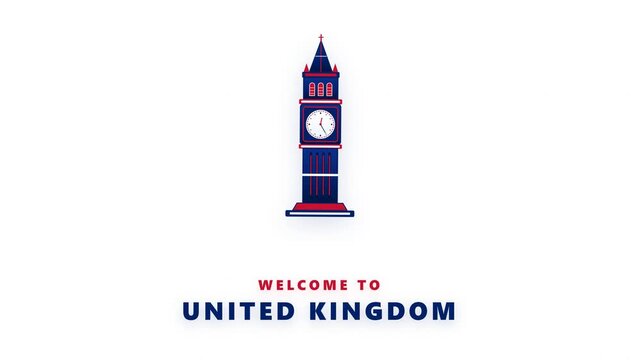 Animated Welcome to United Kingdom Text with Flat Vector Clock Tower Landmark