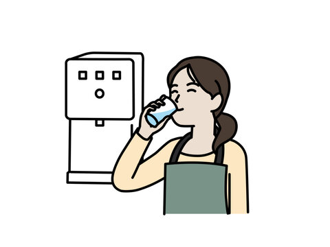 ウォーターサーバーの水を飲む主婦のイラスト
