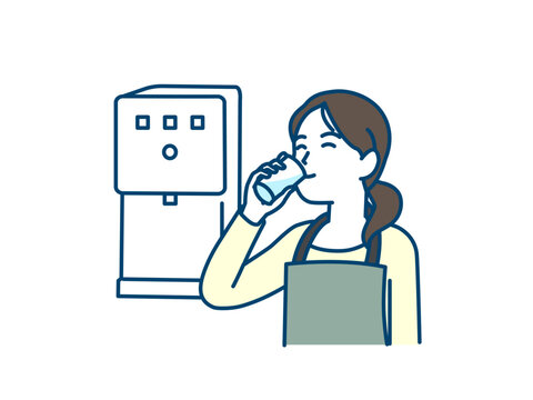 ウォーターサーバーの水を飲む主婦のイラスト