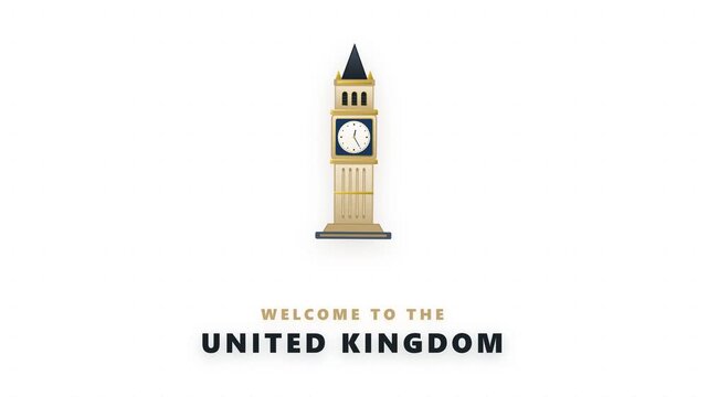 Minimalist Flat Vector Clock Tower Animation with Welcome to the United Kingdom Typography