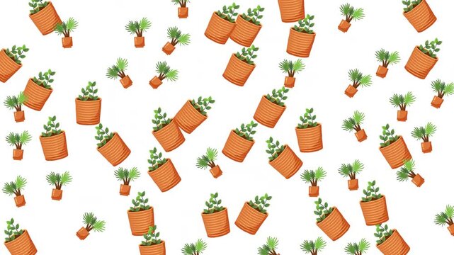 Seamless pattern of green potted house plants and indoor foliage on white background