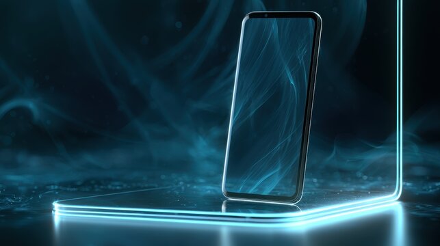 Smartphone on technology background. Neon glowing mobile phone on abstract dark background. Futuristic network connection