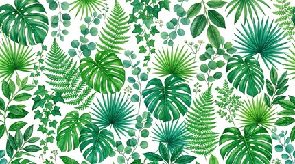 Fototapeta premium Vibrant Green Botanical Foliage Pattern Composition on Clean White Background texture green leaves white background botanical leaf foliage plant nature natural organic fresh summer spring flora