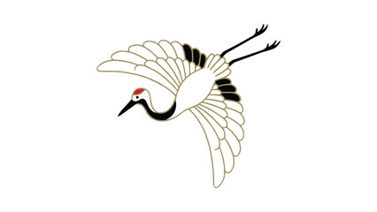 Naklejka premium Japanese red-crowned crane in flight, minimalist with gold outlines and black accents on white background