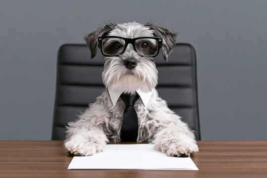Dog wearing glasses and a tie, sitting at a corporate meeting table