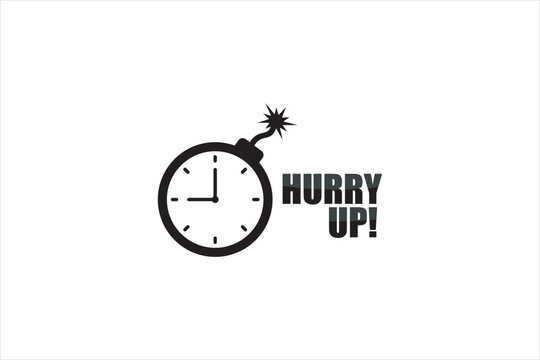 Hurry up text with clock bomb icon and burning fuse. Vector illustration for deadline, limited time offer, and urgency concept.