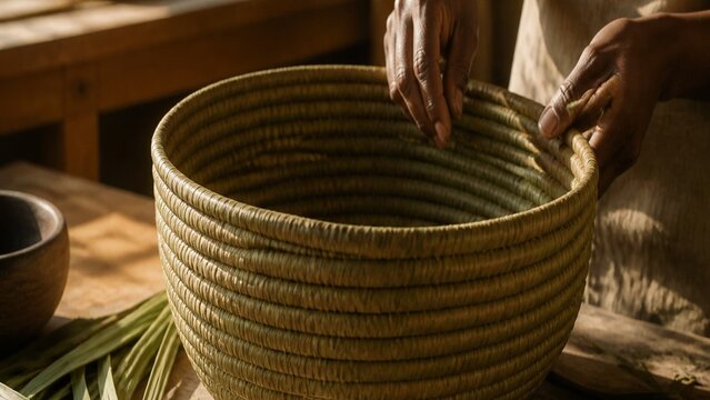 Woven basket holding fresh green herbs near natural wood surface, rustic farm setting, perfect for kitchen decor or healthy cooking content, bright daylight illumination