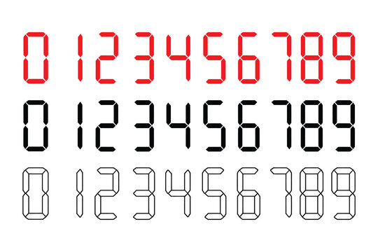 Digital led numbers set from zero to nine in red black and outline display styles