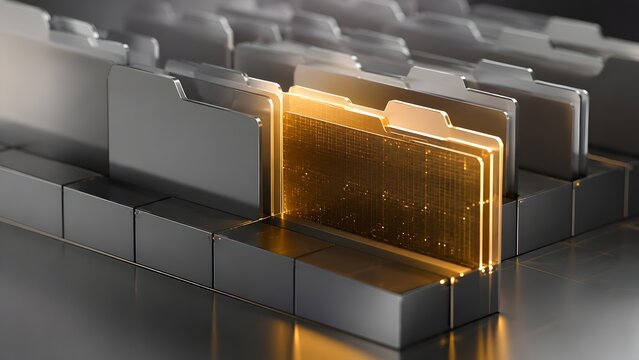 Highlighted digital gold folder among metallic grey folders illustrating premium data selection secure database management and advanced technology archives