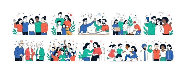 Fototapeta premium People Community Collection — colorful editorial illustration set, 10 separate mini scenes in a 5x2 layout showing group, family, team, community, friends, seniors, crowd, caring, children, diversity,
