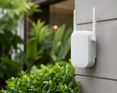Garden Wi-Fi Extender Mounted Near Green Landscaping for Reliable Outdoor Wireless Internet Coverage and Connectivity