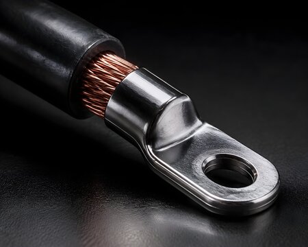 Electrical Cable Termination with Thick Conductor Entering Polished Metal Lug Against Dark Technical Background Detail