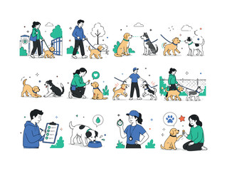 Fototapeta premium Dog Socialization Training. Puppy introductions, calm behavior, leash handling, play signals, rewards, timing, hydration, and supervised group interaction. 12 minimalist editorial vector scenes: owner