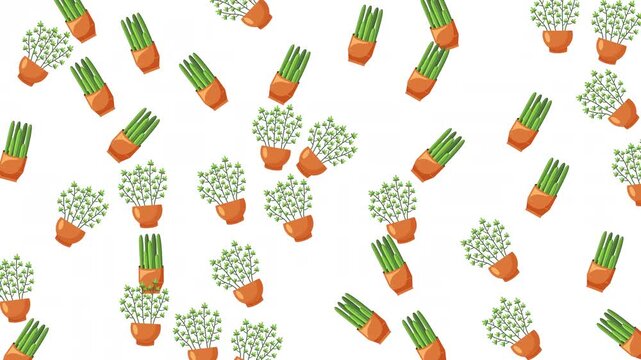 Seamless pattern of various green potted house plants on white background, flat vector illustration