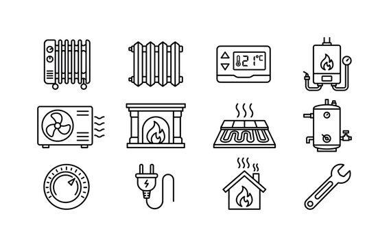 Home Heating Equipment, line icon set featuring electric heater, radiator, thermostat, boiler, heat pump, fireplace, heated floor symbol, hot water tank, temperature dial, energy plug, house heat and
