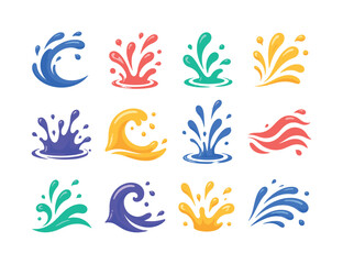 Fototapeta premium Dynamic Water Splashes, bright flat vector icon set of 12 isolated splash icons featuring arcing liquid, droplets, ripples, sprays, flowing waves and abstract motion effects, arranged in a 4x3 grid;