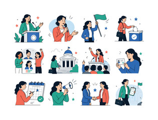 Fototapeta premium Women In Politics. Campaigns, speeches, ballots, flags, posters, government, voting, crowds, calendars, megaphones, handshakes, and public leadership. 12 minimalist editorial vector scenes: politician