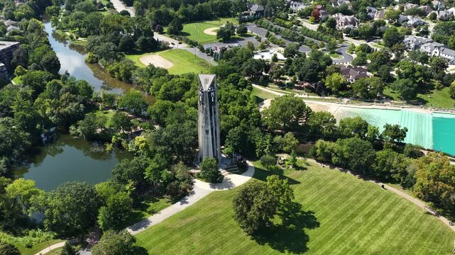 Aerial View of Millennium Carillon Tower Between Lake and Pool, Naperville