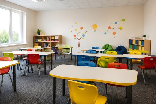Colorful Tuition Classroom With Empty Desks Playful Chairs and Clean Walls for Engaging Learning Environments