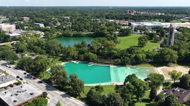  Aerial View of Centennial Beach Pool and Lake in Naperville, Illinois on August 24 
