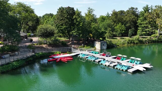  Aerial View of Paddle Boats and Canoes at Naperville Riverwalk, Illinois&rdquo;