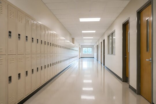 Bright Tuition Classroom Building Hallway with Empty Lockers, Classroom Doors, Modern Lighting, and Clean Architecture