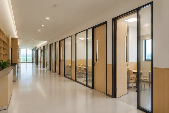Modern Tuition Academy Corridor with Classroom Entrances, Clean Floors, Bright Lighting, and Educational Architecture Design