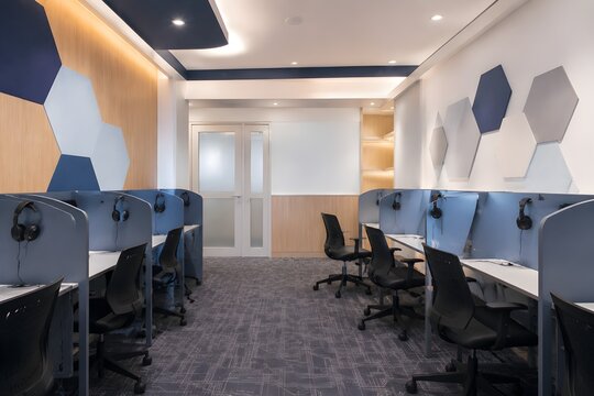 Tuition Classroom with Language Booths Features Acoustic Stations and Modern Interior for Focused Learning Activities