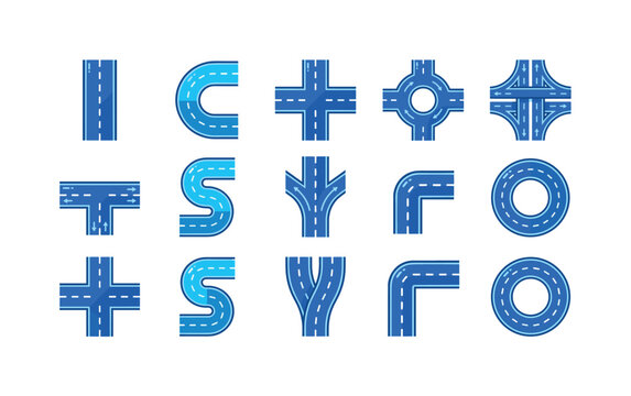 City Road Segments, bright flat vector icon set featuring straight road, curved road, crossroads, roundabout, highway junction, T-junction, S-curve, lane merge, road corner, circular track, covering