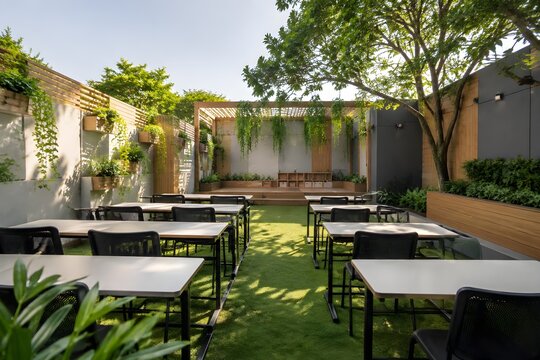 Tuition Garden Classroom with Outdoor Desks, Plants, Bright Daylight, and Modern Educational Learning Environment Design