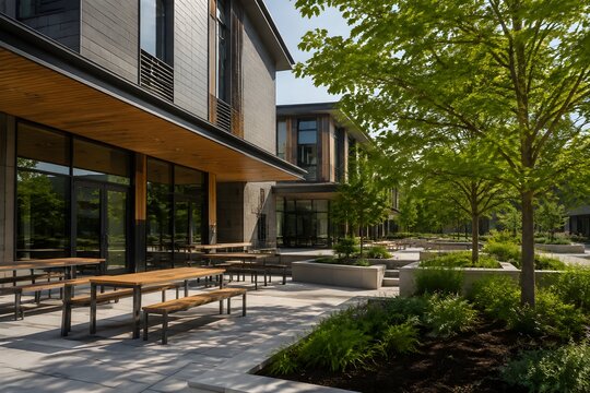 Tuition Campus Courtyard with Modern Learning Building, Outdoor Seating, and Landscaped Educational Environment Campus Design