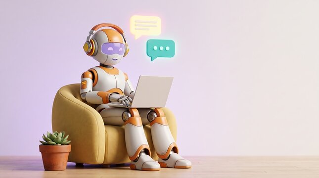 Cute robot wearing headphones sitting in yellow armchair working on laptop with speech bubbles floating above as symbol of artificial intelligence communication digital helper.