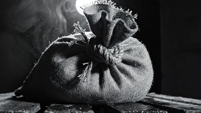 Black and white shot of a burlap sack tied with rope, illuminated by a single lightbulb with smoke surrounding it
