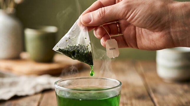 Close‑up of hand holding tea bag above steaming glass cup of green tea with dripping liquid, blurred ceramic cup, and soft green background highlighting food, drink, and wellness moments