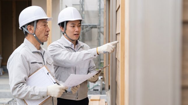 住宅建築現場で外壁施工の品質管理とOJT指導を行う日本人現場監督と施工管理士