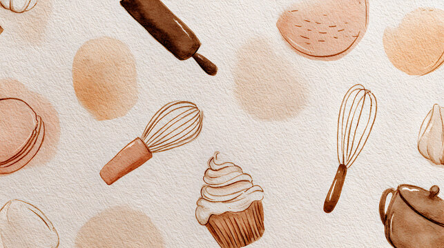 Baking tools and cupcake pattern with rolling pin and whisk