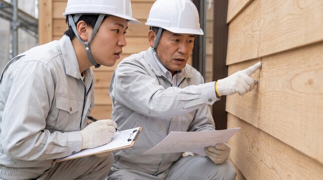 木造住宅の建設現場でしゃがんで基礎・柱の品質管理とOJT指導を行う日本人現場監督と施工管理士