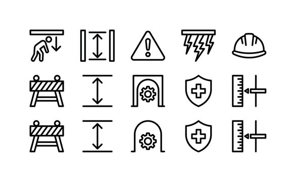 Low Clearance Safety, line icon set featuring low headroom symbol, height limit, warning triangle, ceiling hazard, safety helmet, caution barrier, measurement arrow, industrial doorway, accident