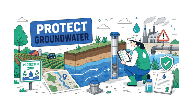 Aquifer Protection Plan. A clean editorial banner showing an environmental specialist inspecting an oversized aquifer cross-section and monitoring well, with a farm field, factory warning,
