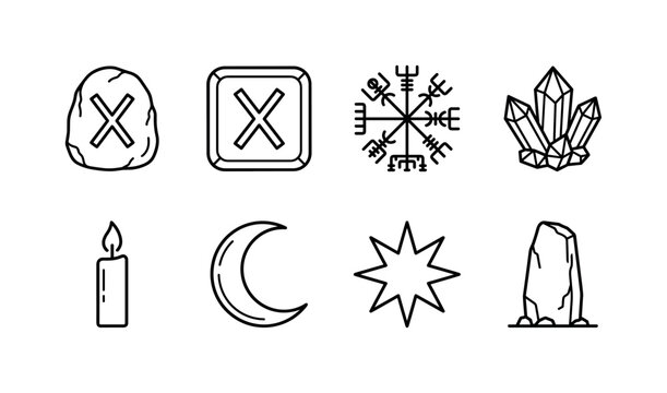 Gebo Rune Symbols, line icon set featuring Gebo rune stone, carved rune tile, Nordic compass symbol, ritual crystal, candle, moon phase, star and ancient stone slab, covering Scandinavian alphabet,
