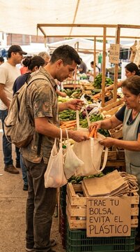 A market stall filled with fresh produce like vegetables and fruits, vibrant colors, local commerce scene, bustling outdoor activity, colorful fresh food display