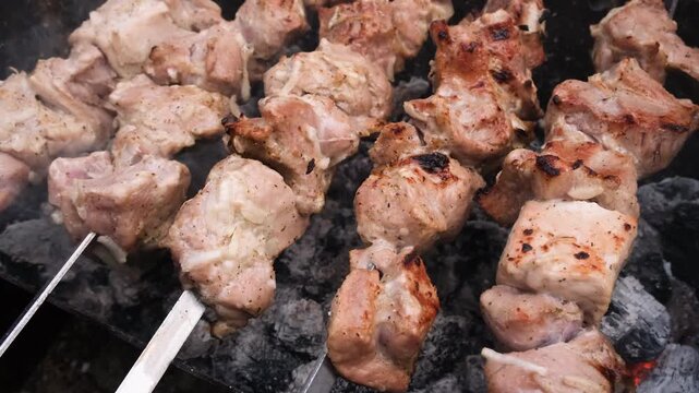 Juicy pork shashlik browning on metal skewers above hot charcoal, capturing traditional outdoor barbecue cooking with smoky flavor, golden crust, and tender grilled meat