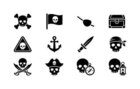 Pirate Skull Symbols, solid glyph icon set featuring skull, crossbones, pirate flag, eye patch, treasure chest, warning triangle, anchor, dagger, covering piracy, Halloween, danger, horror, tattoo