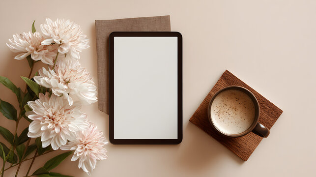 Tablet computer with empty screen and coffee cup on a wooden table