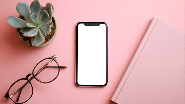 Smartphone with blank screen on a pink desk with glasses and succulent plant