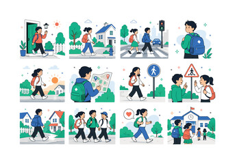 Fototapeta premium Walking to School Series. Active school commuting, students, sidewalks, crosswalks, backpacks, morning routines, safe routes, pedestrians, neighborhoods, children, health, and education. 12 minimalist