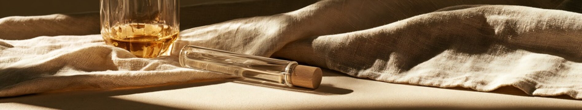 Clear glass bottle with wooden cap and amber tumbler on textured linen backdrop lit by warm sunlight for still life product photography