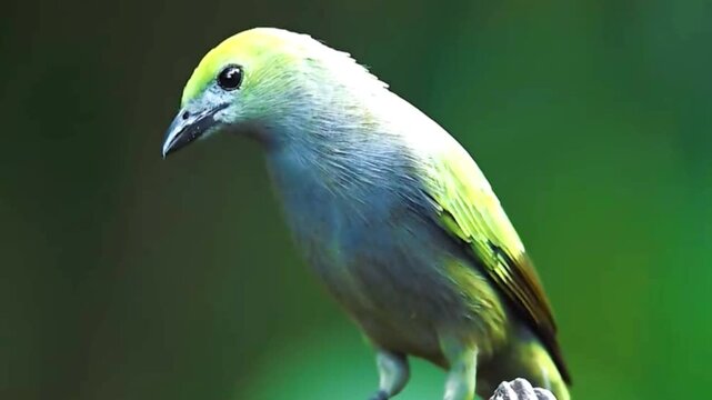 Palm Tanager bird perched on a branch in a lush tropical rainforest environment.