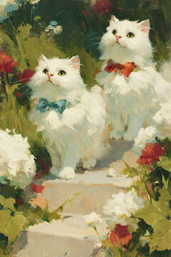 Two charming white cats with bow ties sitting among colorful flowers and lush greenery, an enchanting fine art oil painting