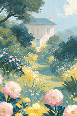 Naklejka premium Vibrant flower garden with a variety of colorful blossoms and green foliage, leading to a charming pastel pink house